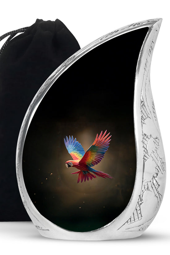 Colourful Parrot Funeral Urn - Black Aluminium Memorial Urn For Adult Ashes