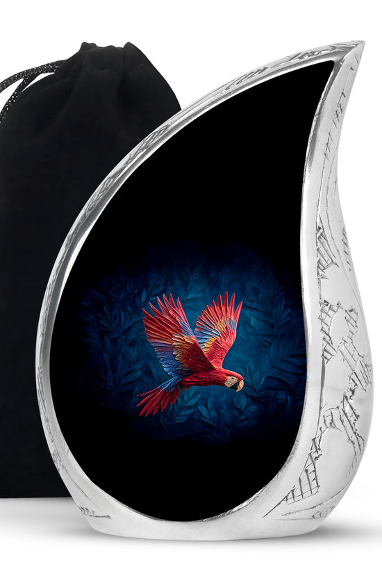 Red Parrot Memorial Urn - Beautiful Aluminium Funeral Urn For Ashes