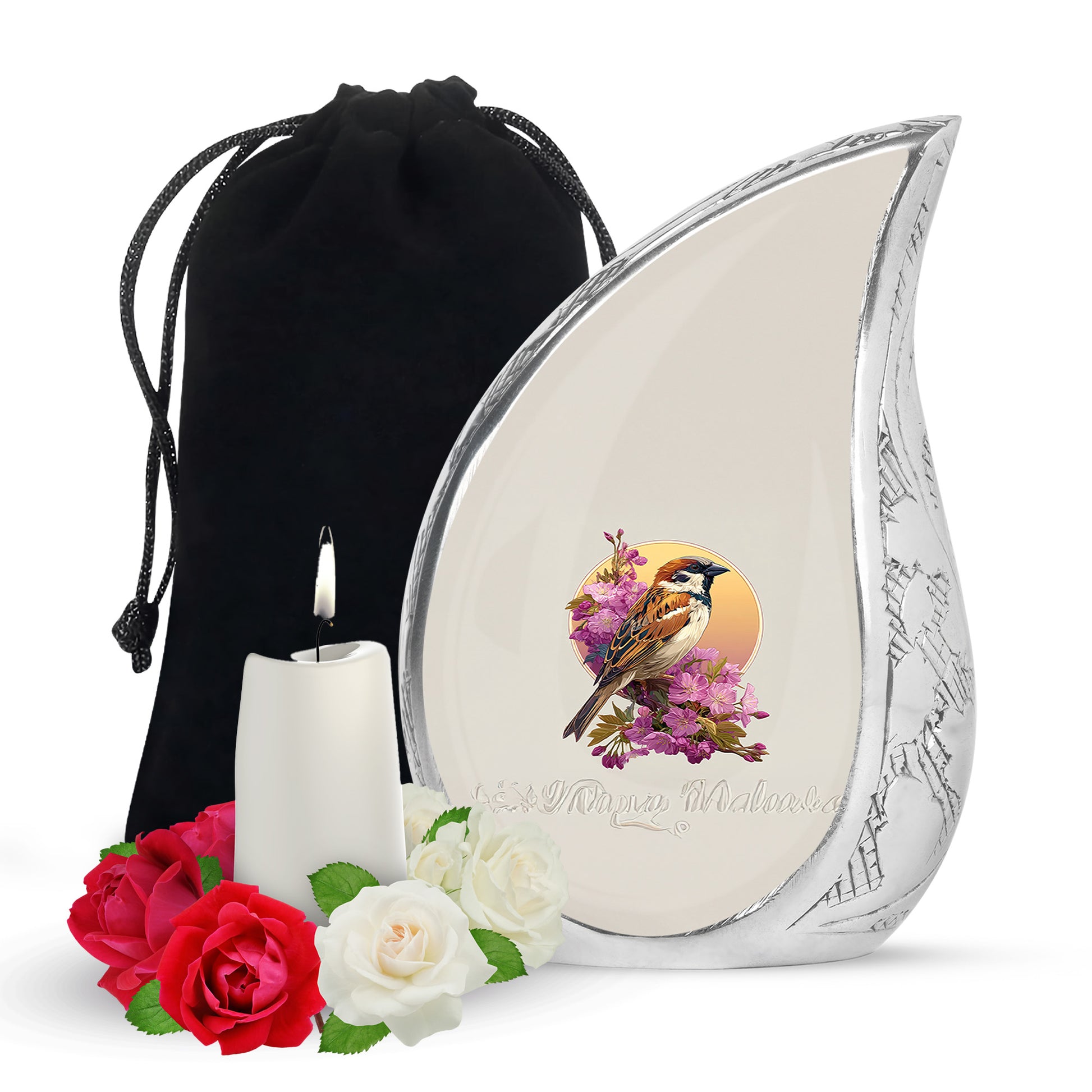 Floral Sparrow Memorial Urn - Floral Memorial Urn for Male & Female