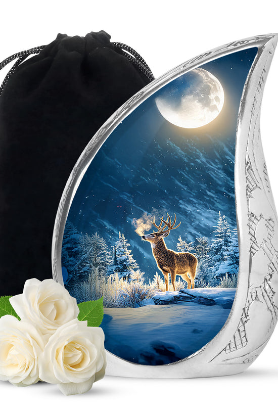 Winter Wildlife Deer Theme Funeral Urn - Aluminium Memorial Urn For Burial