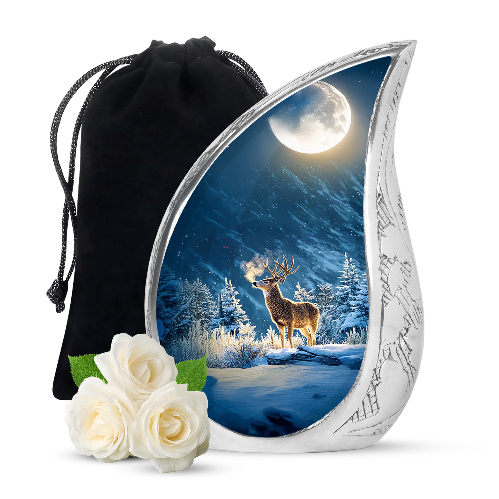 Winter Wildlife Deer Theme Funeral Urn - Aluminium Memorial Urn For Burial