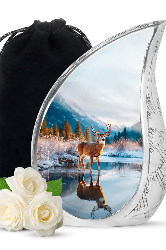 Nature Deer Funeral Urn - Winter Frozen Lake Memorial Urn For Loved Ones