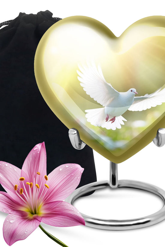Peaceful White Dove Cremation Urn - Golden Memorial Urn For Human Ashes