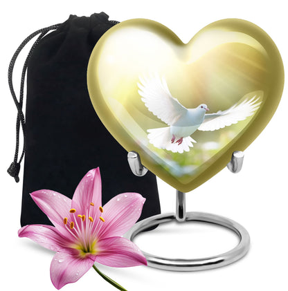 Peaceful White Dove Cremation Urn - Golden Memorial Urn For Human Ashes