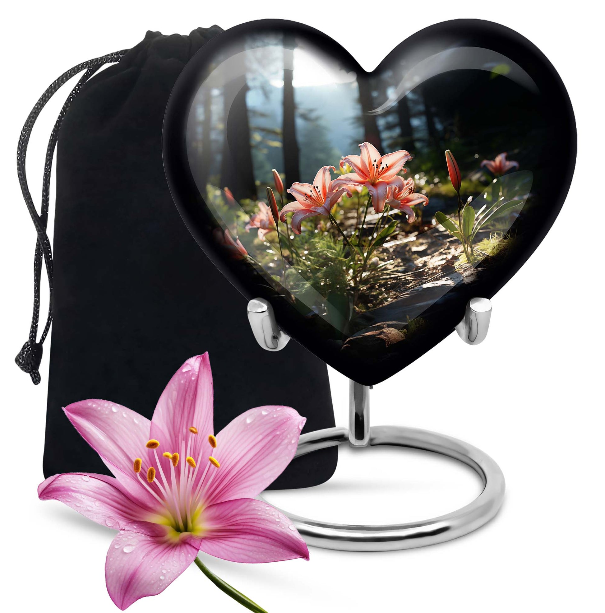 Pink Lily Aluminium Urn For Ashes - Large Floral Memorial Urn