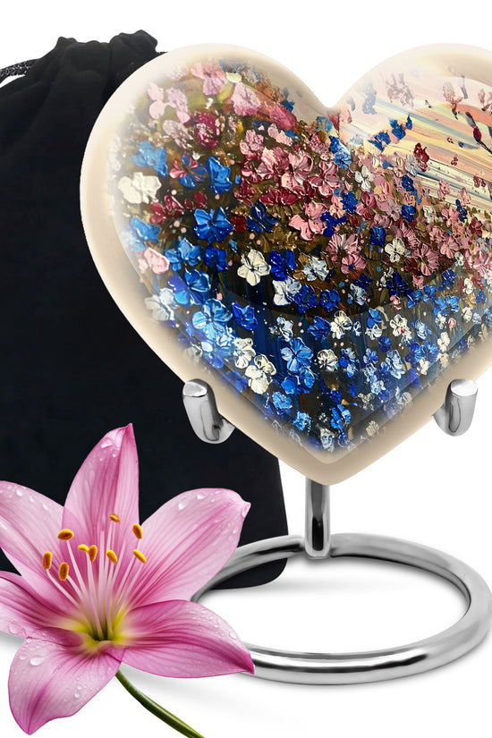 Pink & Blue Floral Funeral Urn - Artistic Memorial Urn For Human Ashes