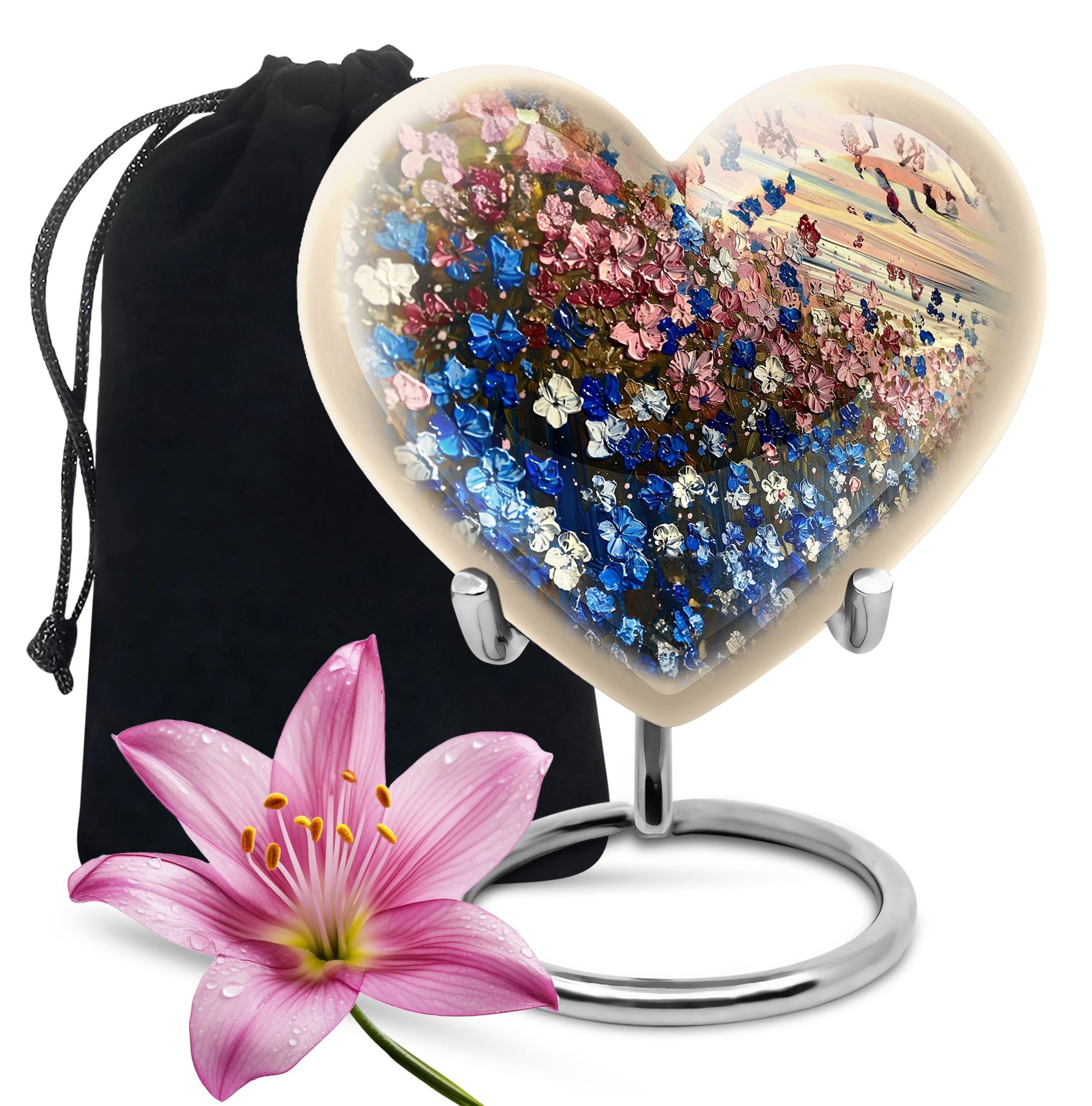 Pink & Blue Floral Funeral Urn - Artistic Memorial Urn For Human Ashes