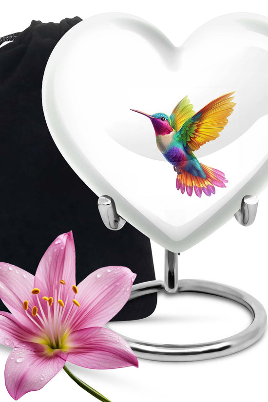 Colourful Hummingbird Cremation Urn - White Aluminium Funeral Urn For Adult Ashes