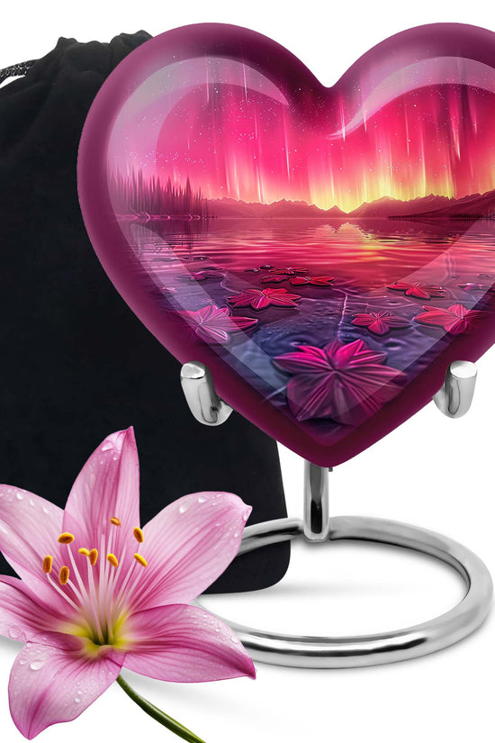 Pink Aurora Borealis Memorial Urn - Floral Lake Cremation Urn For Ashes