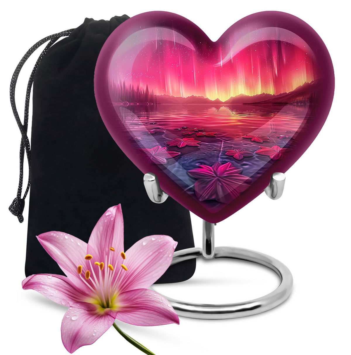 Pink Aurora Borealis Memorial Urn - Floral Lake Cremation Urn For Ashes