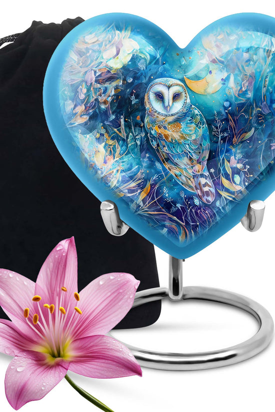 Blue Nature Memorial Owl Urn - Unique Aluminium Funeral Urn For Human Ashes