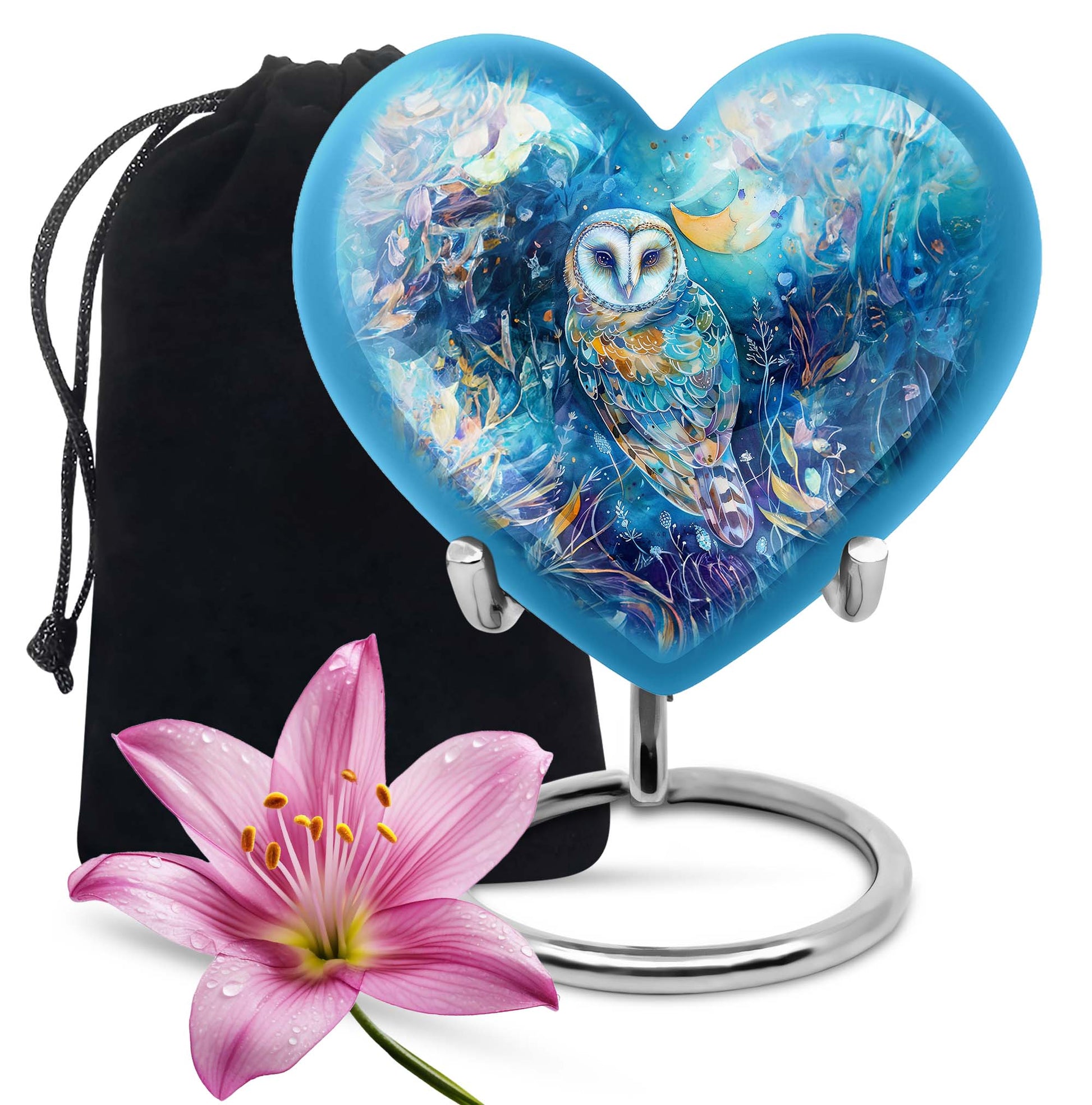 Blue Nature Memorial Owl Urn - Unique Aluminium Funeral Urn For Human Ashes