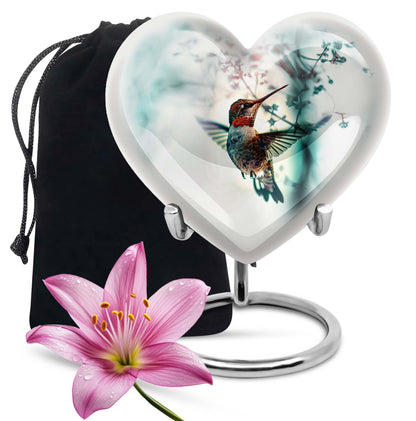 Peaceful Hummingbird Memorial Urn - White Aluminium Funeral Urn For Loved Ones