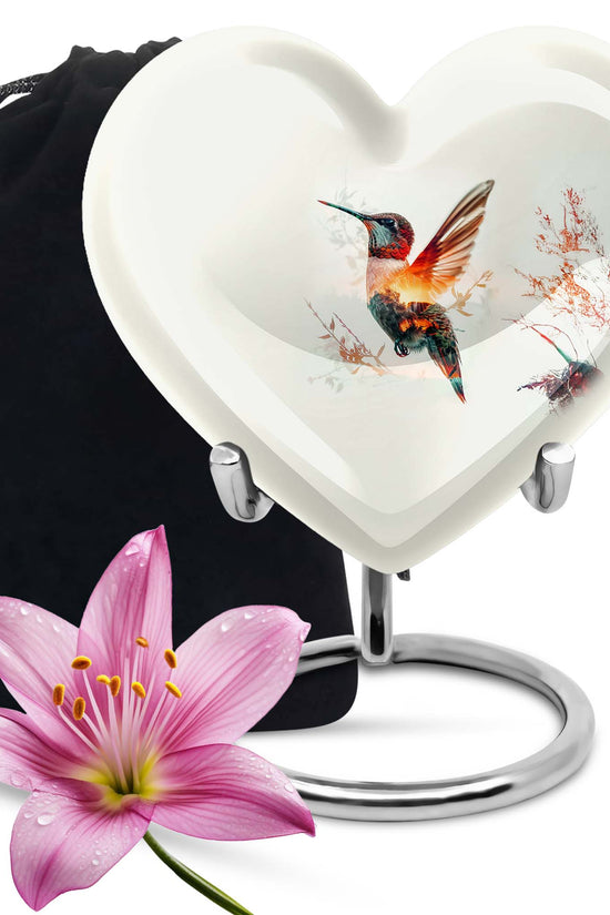 Artistic White Hummingbird Memorial Urn – Modern Funeral Urn For Ashes