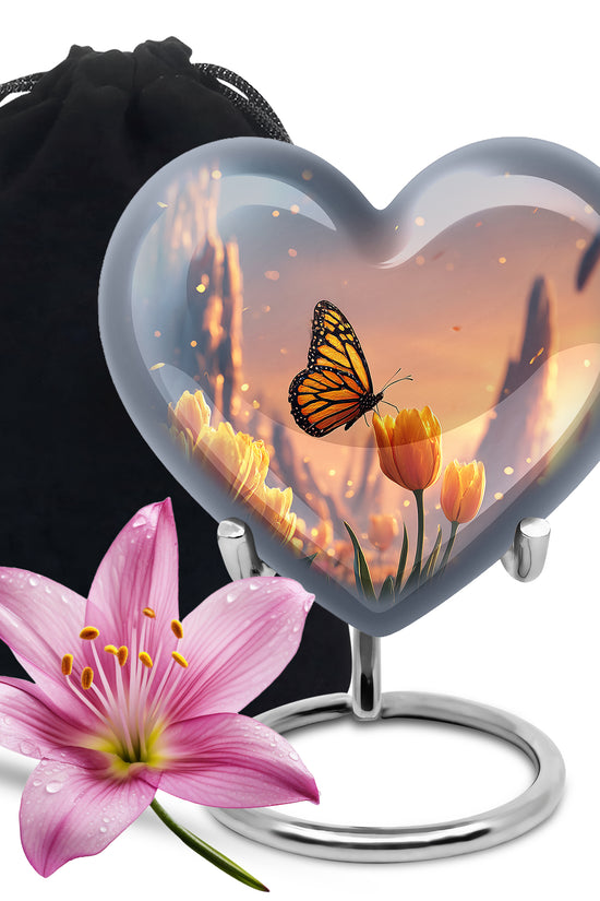 Orange Monarch Butterfly Ashes Urn - Yellow Tulip Cremation Urn