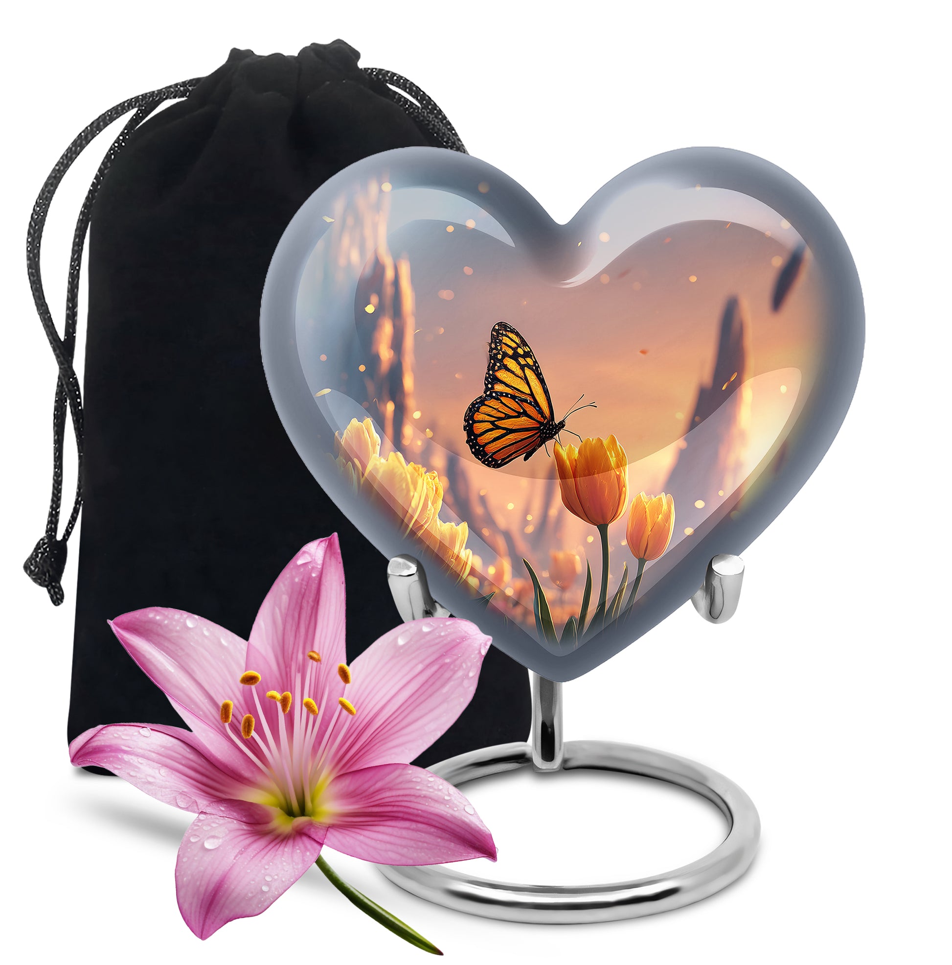 Orange Monarch Butterfly Ashes Urn - Yellow Tulip Cremation Urn