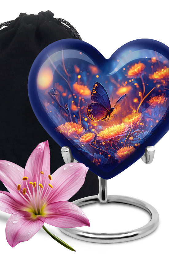 Glowing Butterfly Cremation Urn for Ashes - Blue Floral Memorial Urn
