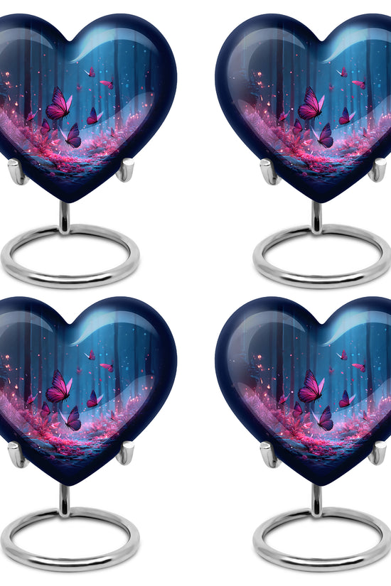 Soft Blue Butterfly Cremation Urn angled view of lid and engraved motif - compassionate heart-butterfly combination with gentle curves - 10 inch aluminum urn for cremated remains