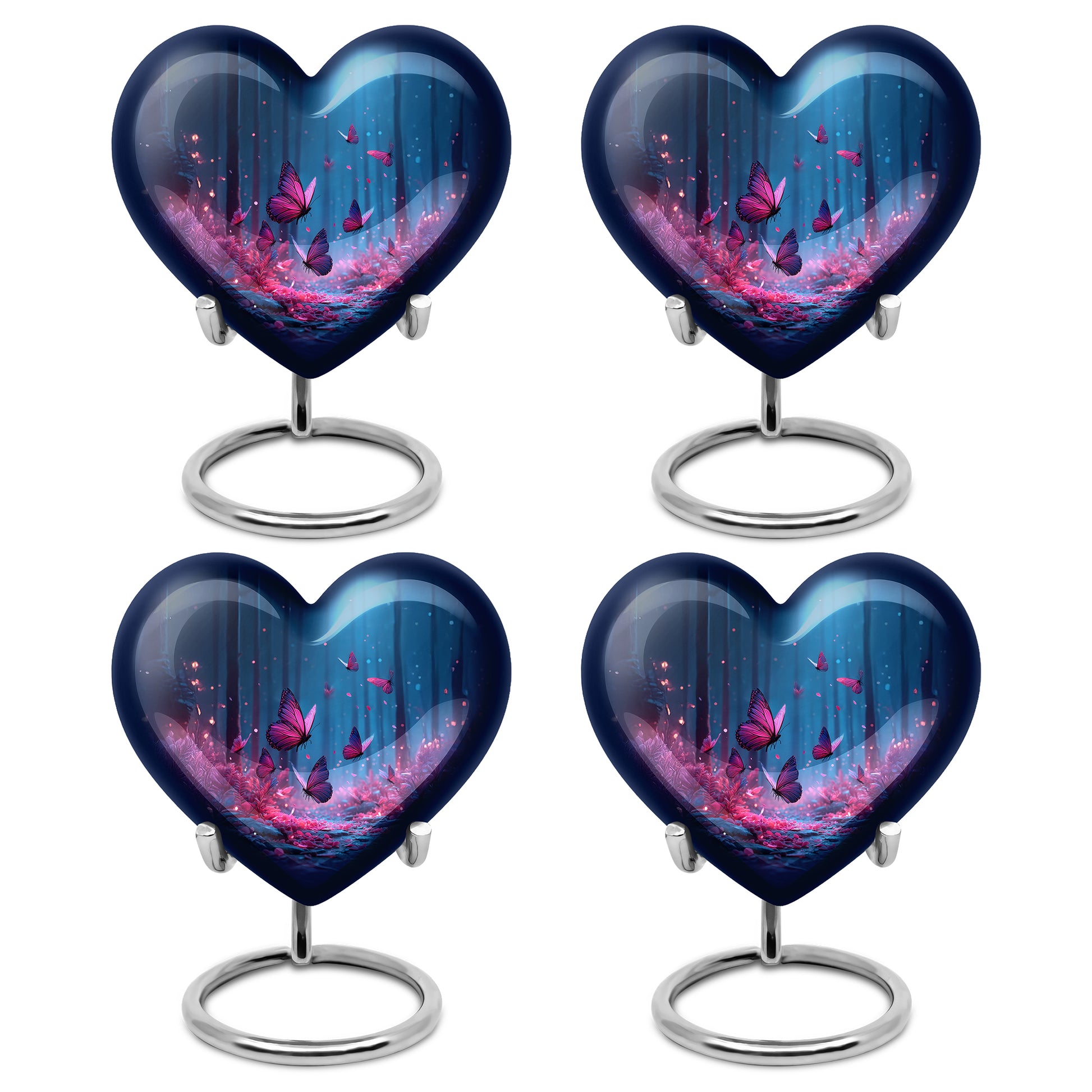 Soft Blue Butterfly Cremation Urn angled view of lid and engraved motif - compassionate heart-butterfly combination with gentle curves - 10 inch aluminum urn for cremated remains