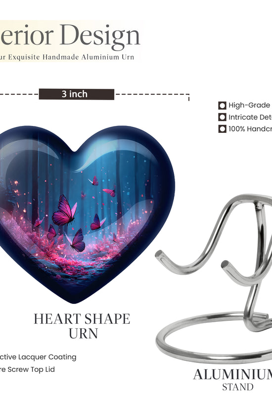 Steel Blue Butterfly Cremation Urn front view showing detailed design - romantic heart urn with butterfly motif on aluminum - mini keepsake memorial for portion of cremation ashes