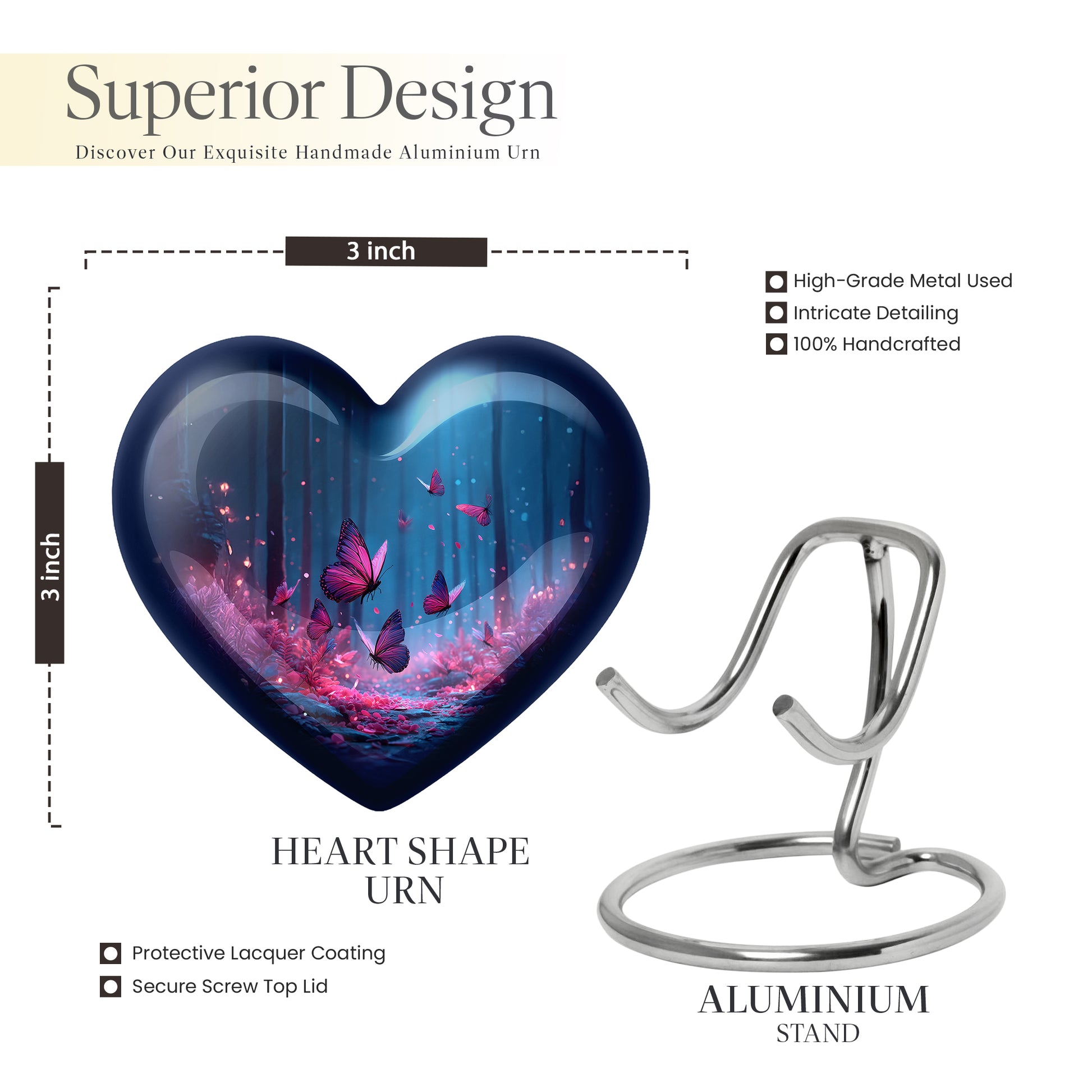 Steel Blue Butterfly Cremation Urn front view showing detailed design - romantic heart urn with butterfly motif on aluminum - mini keepsake memorial for portion of cremation ashes