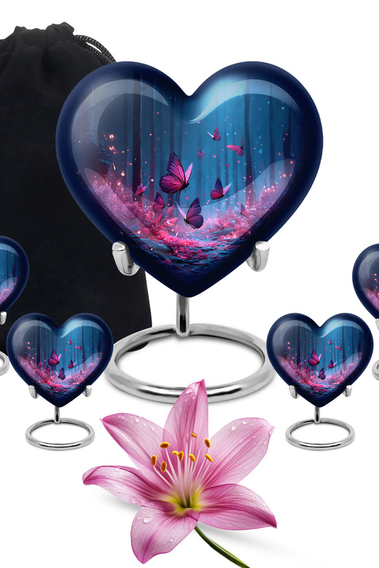 Slate Blue Butterfly Cremation Urn close-up of engraving and surface detail - loving heart memorial featuring butterfly pattern - memorial set with one large and four small urns