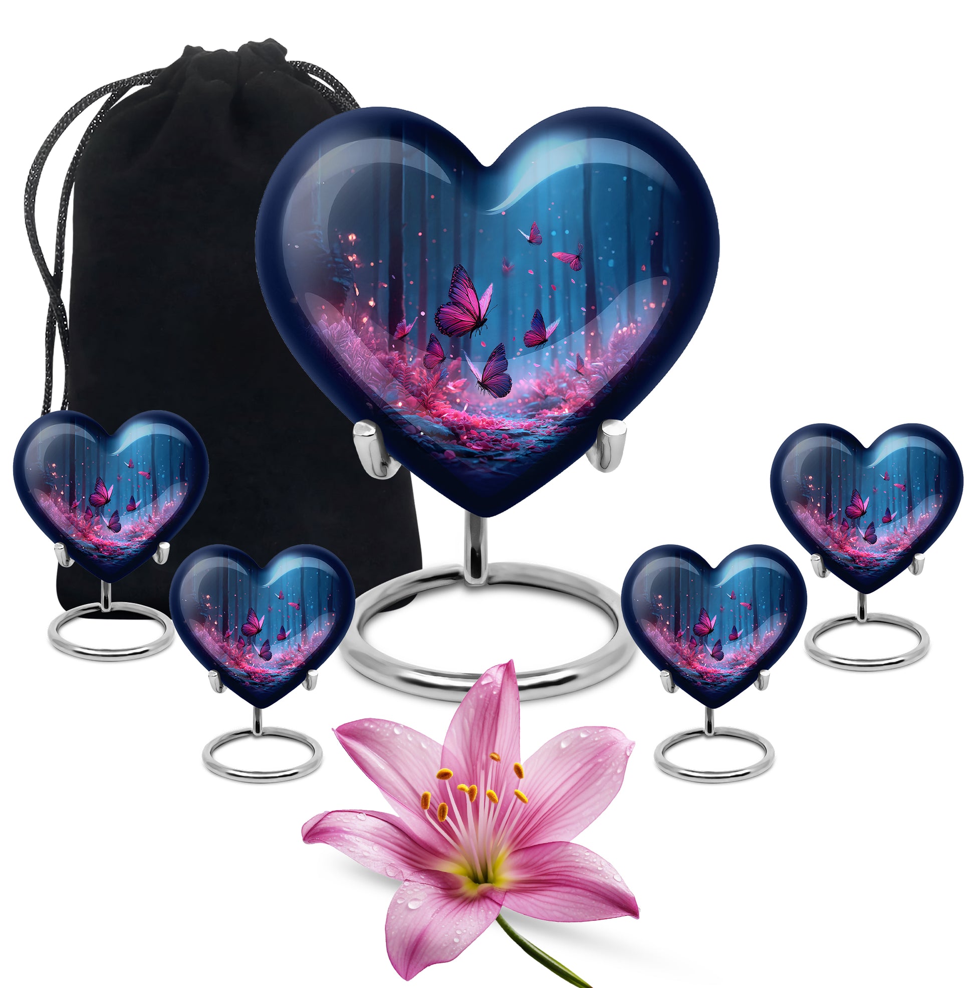 Slate Blue Butterfly Cremation Urn close-up of engraving and surface detail - loving heart memorial featuring butterfly pattern - memorial set with one large and four small urns