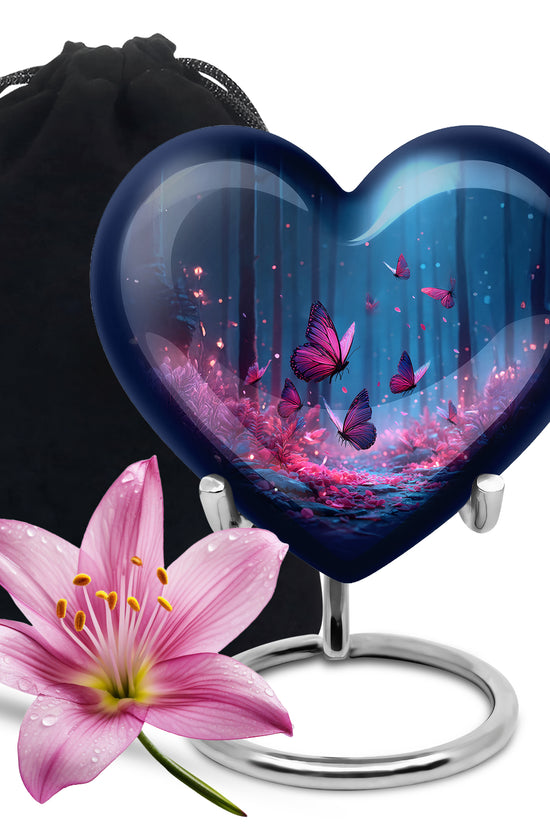 Sapphire Blue Butterfly Cremation Urn detail view - compassionate heart-butterfly combination with gentle curves - full-size 10 inch 200 cubic inch adult cremation urn