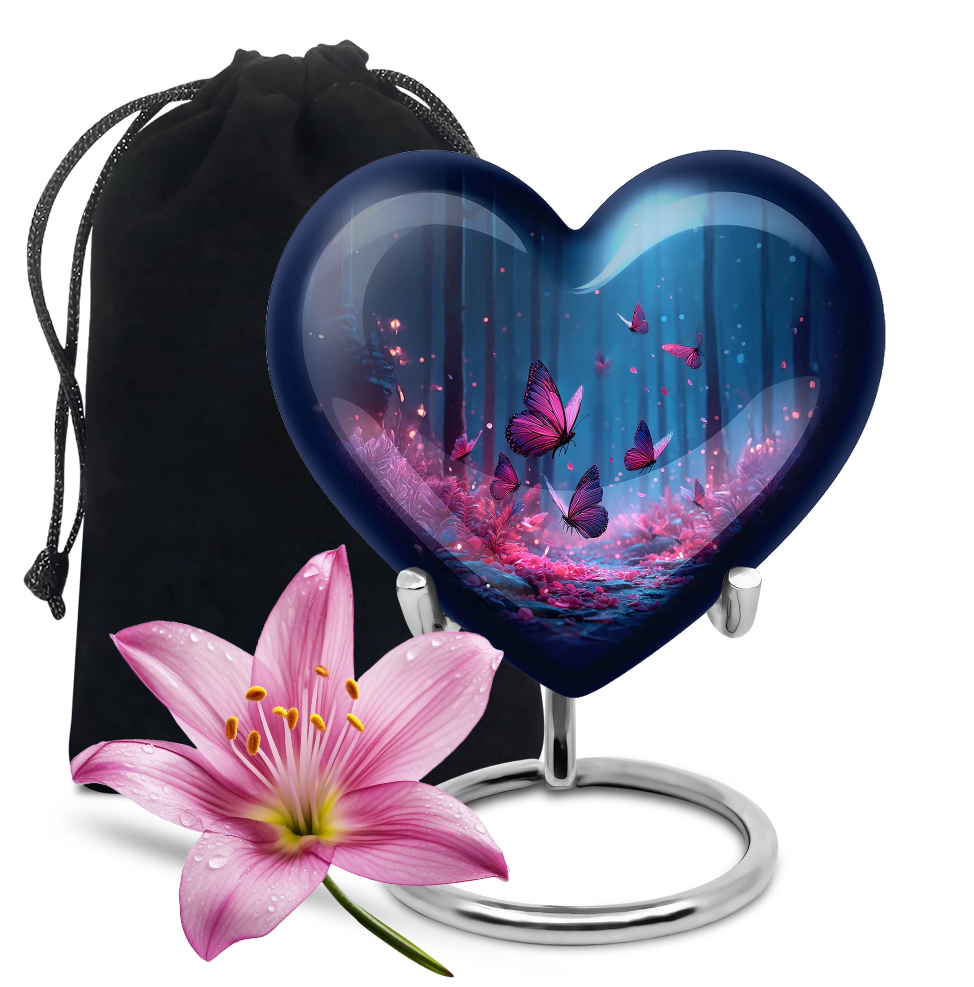 Sapphire Blue Butterfly Cremation Urn detail view - compassionate heart-butterfly combination with gentle curves - full-size 10 inch 200 cubic inch adult cremation urn