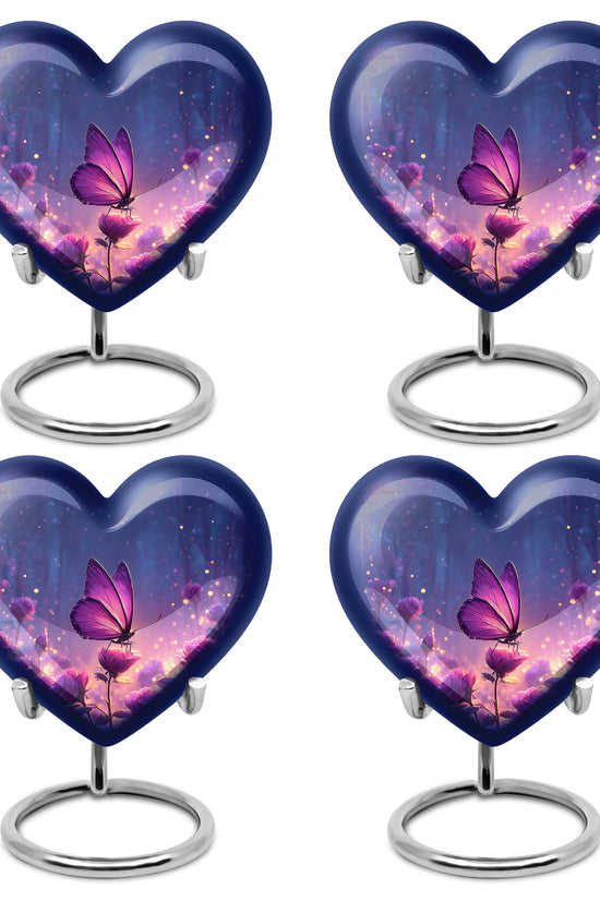 Celestial Blue Butterfly Cremation Urn angled view of lid and engraved motif - loving heart memorial featuring butterfly pattern - 10 inch aluminum urn for cremated remains