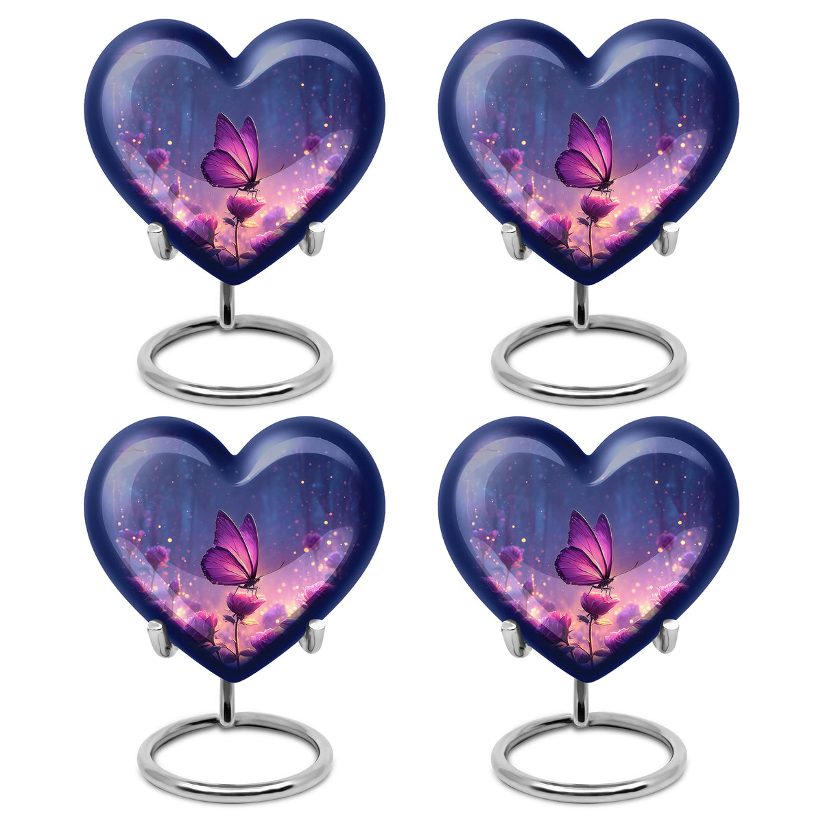 Celestial Blue Butterfly Cremation Urn angled view of lid and engraved motif - loving heart memorial featuring butterfly pattern - 10 inch aluminum urn for cremated remains