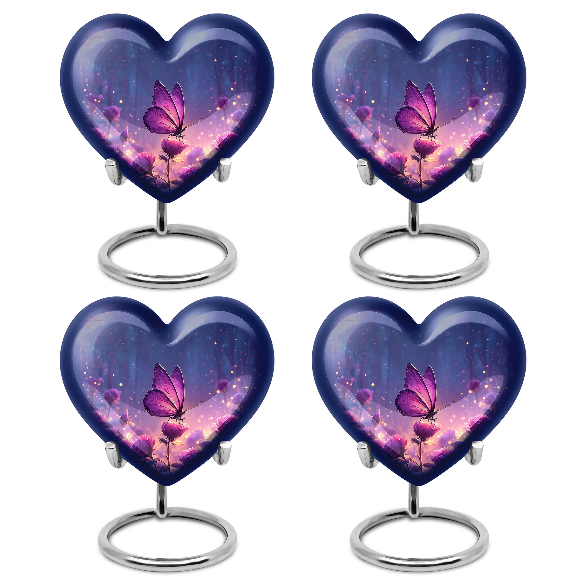 Celestial Blue Butterfly Cremation Urn angled view of lid and engraved motif - loving heart memorial featuring butterfly pattern - 10 inch aluminum urn for cremated remains