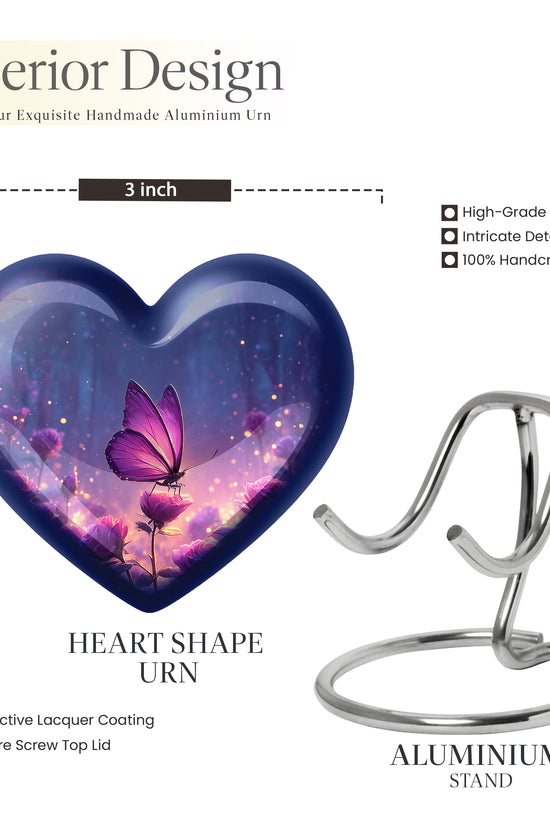 Dusty Blue Butterfly Cremation Urn front view showing detailed design - loving heart memorial featuring butterfly pattern - mini keepsake memorial for portion of cremation ashes