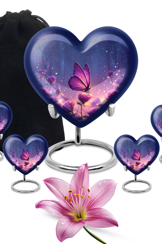 Cobalt Blue Butterfly Cremation Urn close-up of engraving and surface detail - compassionate heart-butterfly combination with gentle curves - memorial set with one large and four small urns