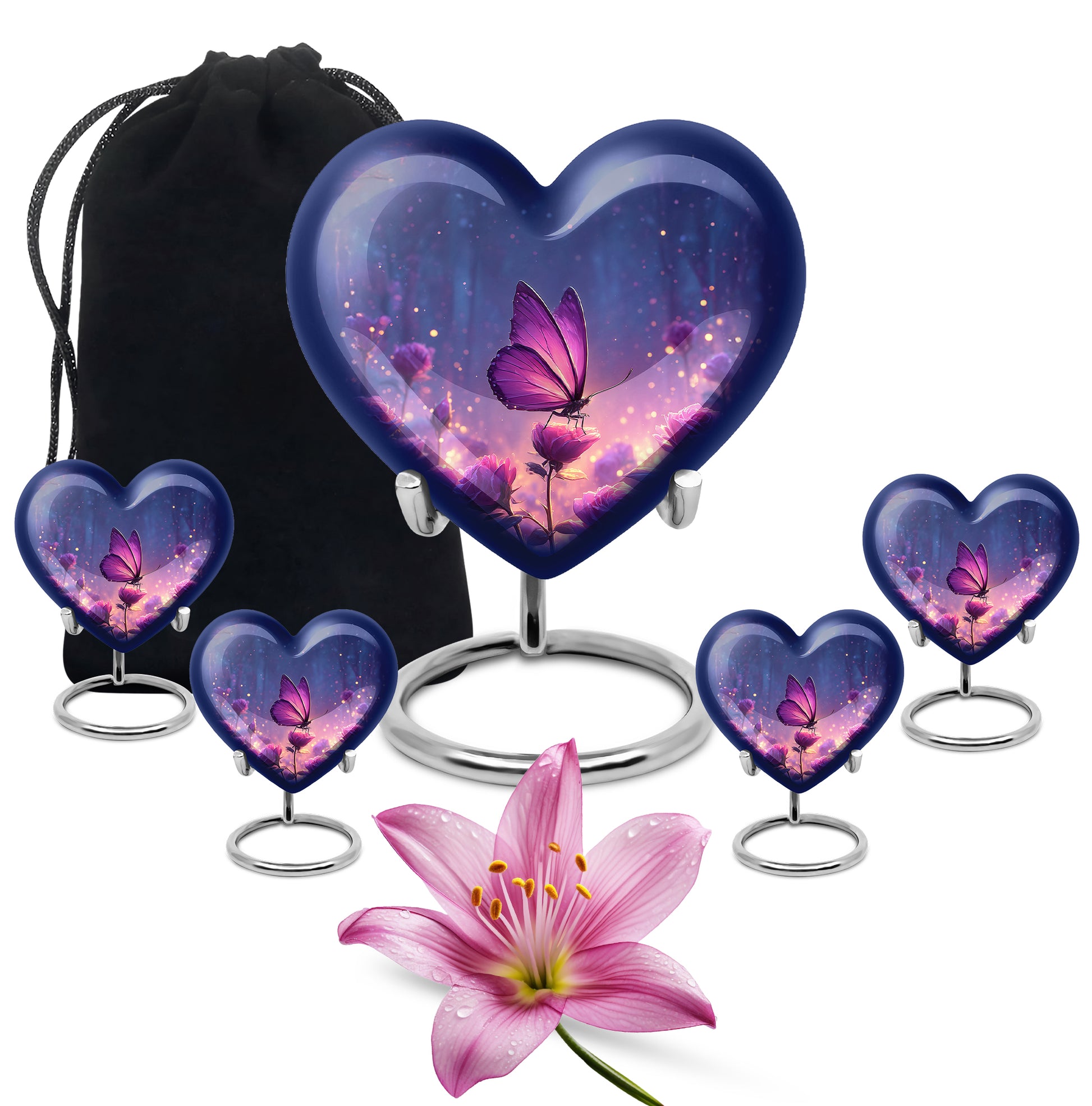 Cobalt Blue Butterfly Cremation Urn close-up of engraving and surface detail - compassionate heart-butterfly combination with gentle curves - memorial set with one large and four small urns