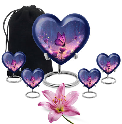 Cobalt Blue Butterfly Cremation Urn close-up of engraving and surface detail - compassionate heart-butterfly combination with gentle curves - memorial set with one large and four small urns