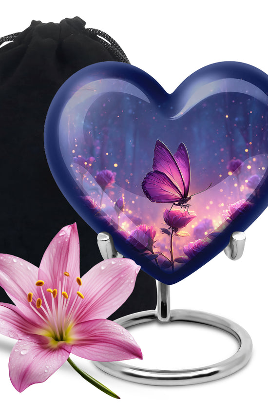 Twilight Blue Butterfly Cremation Urn detail view - romantic heart urn with butterfly motif on aluminum - full-size 10 inch 200 cubic inch adult cremation urn