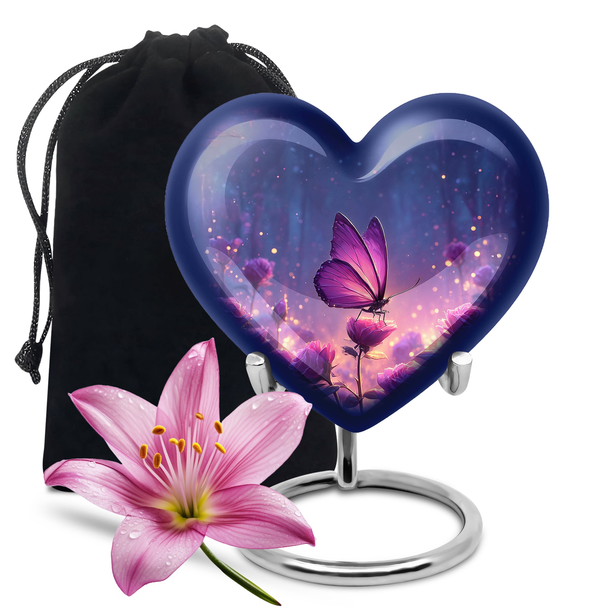 Twilight Blue Butterfly Cremation Urn detail view - romantic heart urn with butterfly motif on aluminum - full-size 10 inch 200 cubic inch adult cremation urn