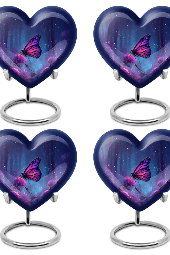 Sapphire Blue Butterfly Cremation Urn angled view of lid and engraved motif - compassionate heart-butterfly combination with gentle curves - 10 inch aluminum urn for cremated remains