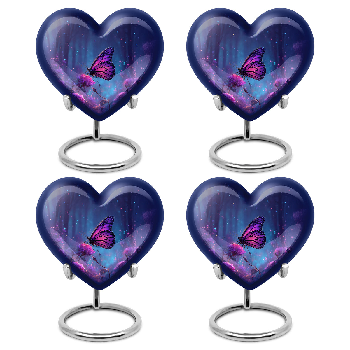 Sapphire Blue Butterfly Cremation Urn angled view of lid and engraved motif - compassionate heart-butterfly combination with gentle curves - 10 inch aluminum urn for cremated remains