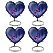 Sapphire Blue Butterfly Cremation Urn angled view of lid and engraved motif - compassionate heart-butterfly combination with gentle curves - 10 inch aluminum urn for cremated remains