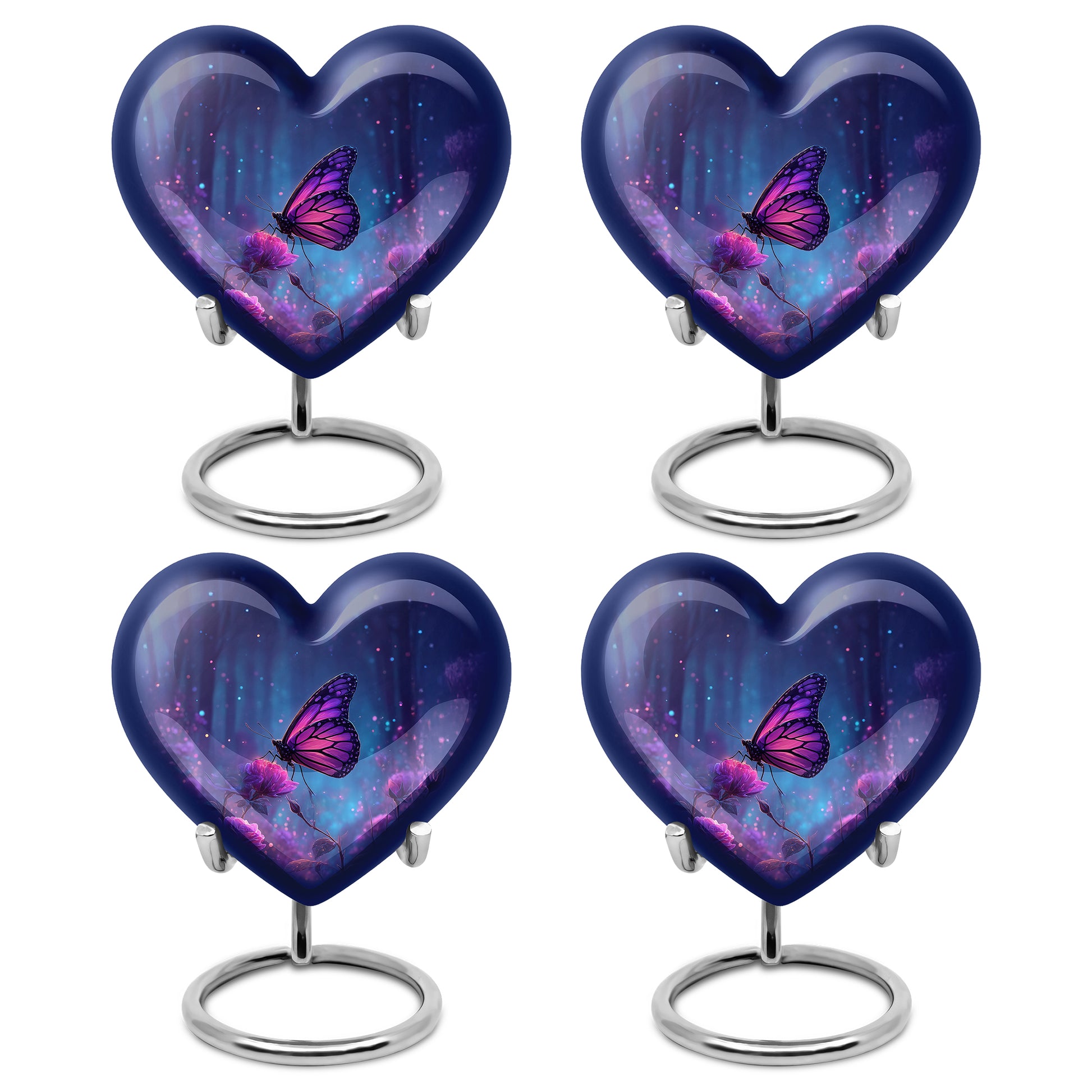 Sapphire Blue Butterfly Cremation Urn angled view of lid and engraved motif - compassionate heart-butterfly combination with gentle curves - 10 inch aluminum urn for cremated remains