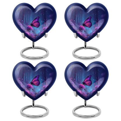 Sapphire Blue Butterfly Cremation Urn angled view of lid and engraved motif - compassionate heart-butterfly combination with gentle curves - 10 inch aluminum urn for cremated remains