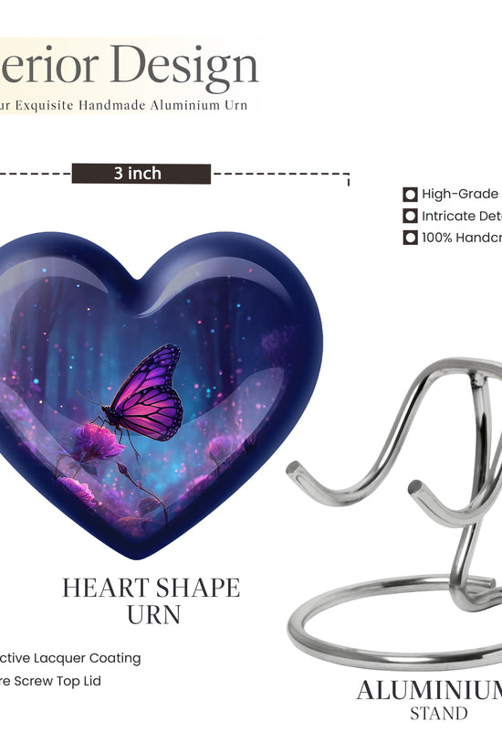 Pastel Blue Butterfly Cremation Urn front view showing detailed design - heart-shaped butterfly design symbolizing eternal love - mini keepsake memorial for portion of cremation ashes