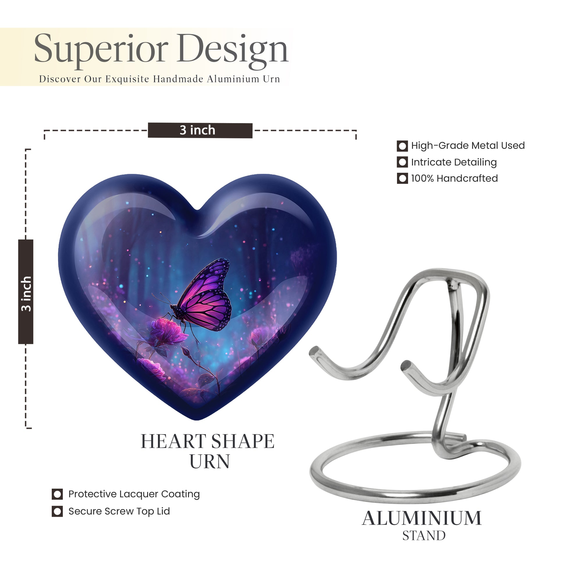 Pastel Blue Butterfly Cremation Urn front view showing detailed design - heart-shaped butterfly design symbolizing eternal love - mini keepsake memorial for portion of cremation ashes