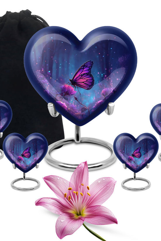 Twilight Blue Butterfly Cremation Urn close-up of engraving and surface detail - romantic heart urn with butterfly motif on aluminum - memorial set with one large and four small urns