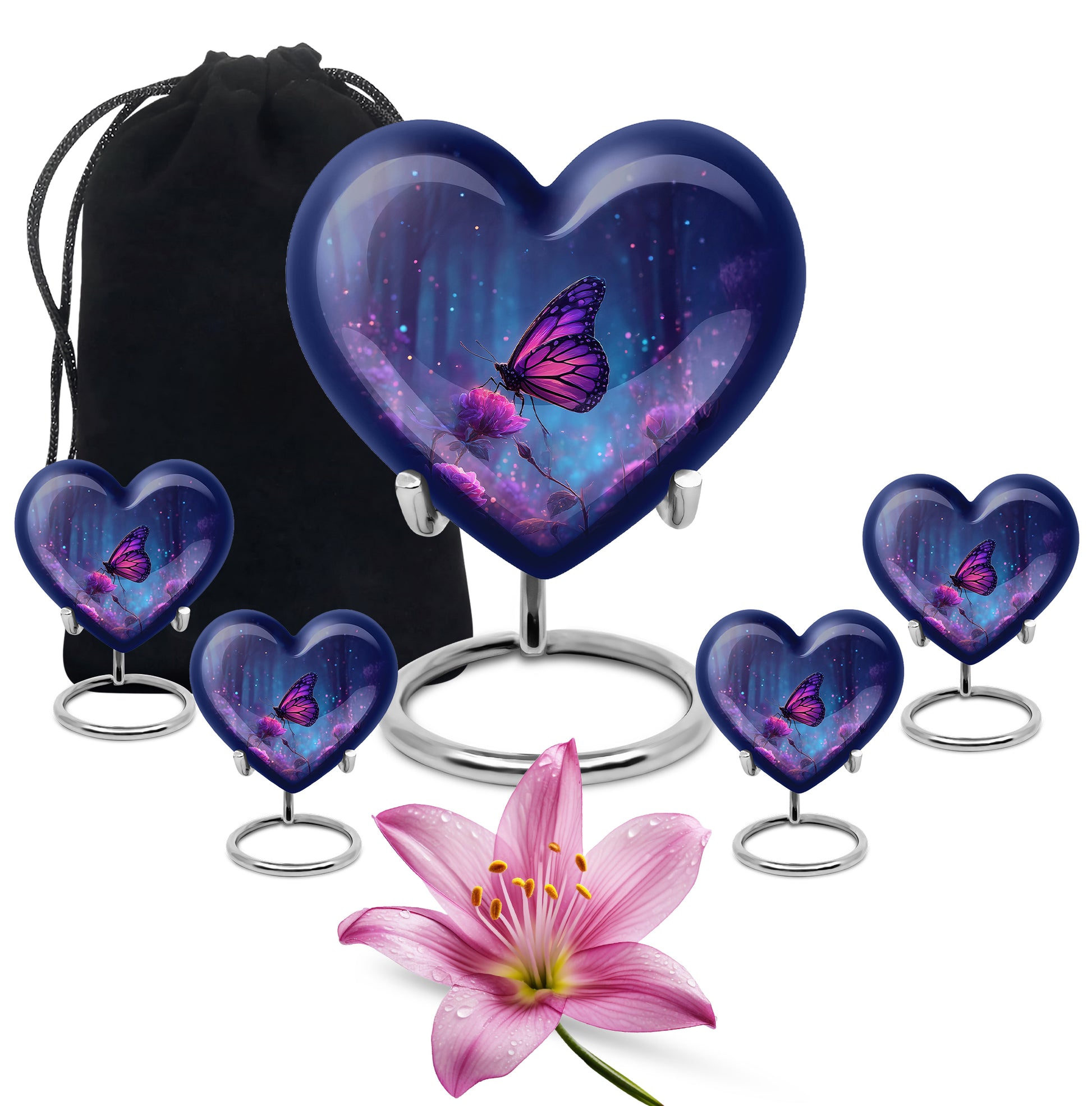Twilight Blue Butterfly Cremation Urn close-up of engraving and surface detail - romantic heart urn with butterfly motif on aluminum - memorial set with one large and four small urns