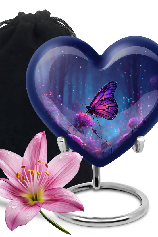 Twilight Blue Butterfly Cremation Urn detail view - romantic heart urn with butterfly motif on aluminum - full-size 10 inch 200 cubic inch adult cremation urn