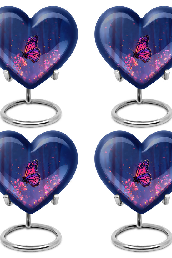 Royal Blue Butterfly Cremation Urn angled view of lid and engraved motif - compassionate heart-butterfly combination with gentle curves - 10 inch aluminum urn for cremated remains