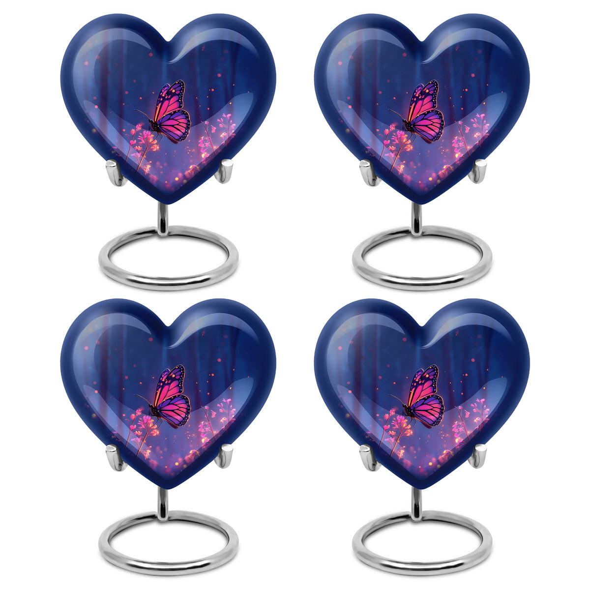 Royal Blue Butterfly Cremation Urn angled view of lid and engraved motif - compassionate heart-butterfly combination with gentle curves - 10 inch aluminum urn for cremated remains